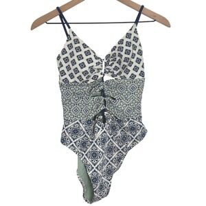 Boden Mixed Tile Print One Piece Swimsuit Blue‎ Green Cut Out Womens US 6